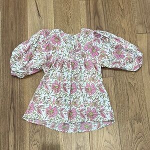Mille Thalia Top Pink and White Floral Blouse with Puff Sleeves